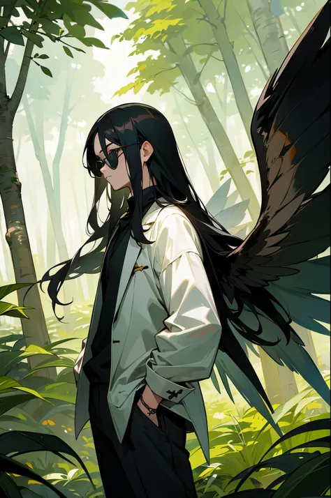 long black hair, fairy wings, sunglasses, young male, forest background, arms in pockets
