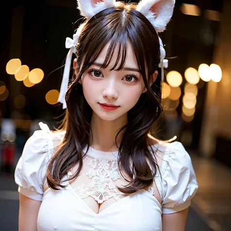 (8K, Raw photo:1.2)detailed face and eyes,最high quality, 超A high resolution, very detailed ,intricate details,Upper body,pretty girl , soft movie-like light, hyper detail,sharp focus, high quality, white rabbit ears,White dress NSFW, big breasts