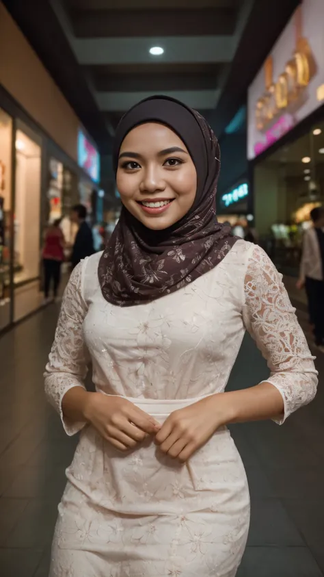 Portrait photography of a beautiful young malay girl in hijab wearing white modest Square Neck Bow Front Floral Jacquard Dress , fully cover dress, catwalk, nighttime, crowded mall background, bright lighting, smile and happy gesture, small abs, wide hips,...