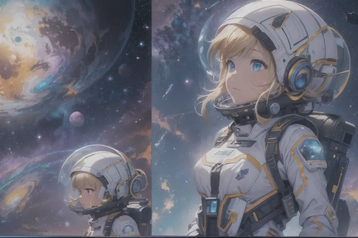 (best quality,4k,8k,highres,masterpiece:1.2),ultra-detailed,(realistic,photorealistic,photo-realistic:1.37),girl anime astronaut,traveling through the universe,planets,galaxies,neon,outer space,space exploration,nebulae,astronaut suit,visually stunning,oth...