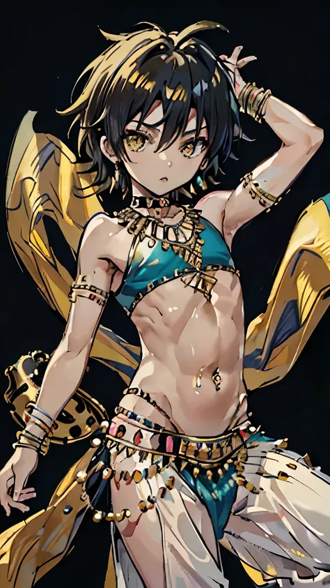 Highres, Masterpiece, Best quality at best,Best Quality,hight quality, hight detailed, Anime style, (little boys), (Armpit), view from front, black choker, Egyptian belly dancer, midriff, Sexy belly dancer, Yellow belly dancer, Navel piercing, (very young ...