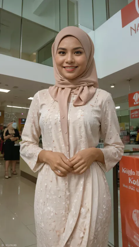 gros plan, editorial photograph of a beautiful young malay girl in hijab wearing white modest Square Neck Bow Front Floral Jacquard Dress , fully cover dress, catwalk, nighttime, crowded mall background, (shopping mall:1.3) POV, Par Lee Jeffries, smile and...