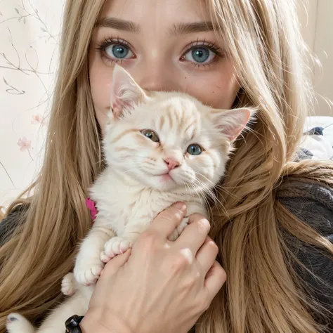 blonde haired woman holding a blanco kitten in her arms, blanco ( gato ) chica, holding a blanco fluffy kitten, very beautiful cute gatochica, with small gato on lap, she is holding a gato in her arms, pelo largo y rubio y ojos grandes, beautiful young gat...