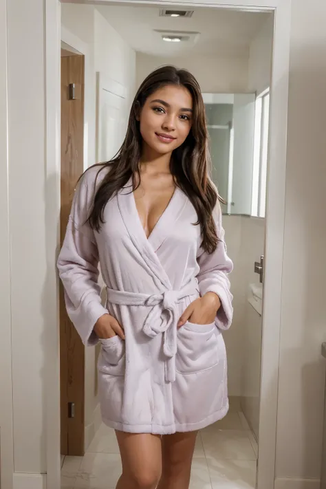 A beautiful colombian girl with brown eyes and wet brunette hair, wearing a deep purple bathrobe, stood in the doorway of a modern-style bathroom decorated in white, smiling, ultra high resolution, (photorealistic: 1.4), high resolution, (brown eyes), (fin...