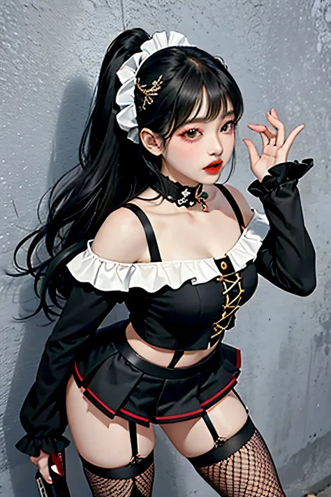 
Off-the-shoulder and black ruffled mini skirt、platform short boots、garter belt & Fishnet tights、long black hair、jirai make、jirai fashion、heavy makeup