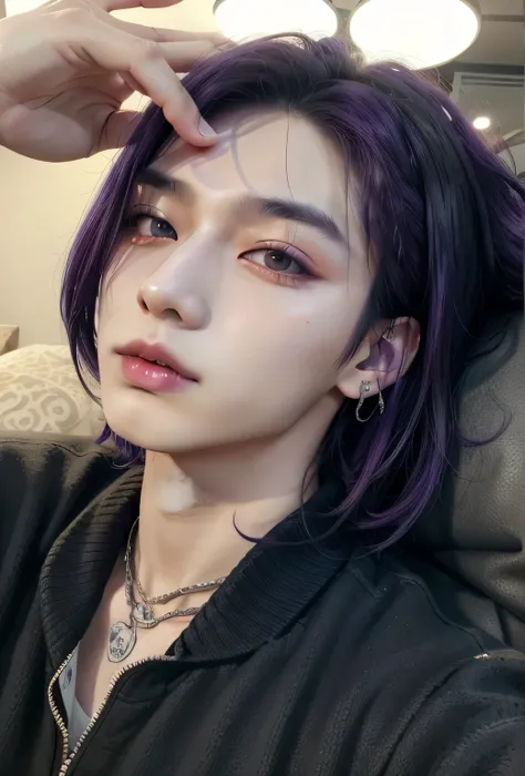 arafed man with purple hair and piercings posing for a picture, jinyoung shin, cai xukun, with glowing purple eyes, with vivid purple eyes, hong june hyung, pale skin and purple eyes, cruel korean goth girl, kim doyoung, sakimichan, taejune kim, male ulzza...