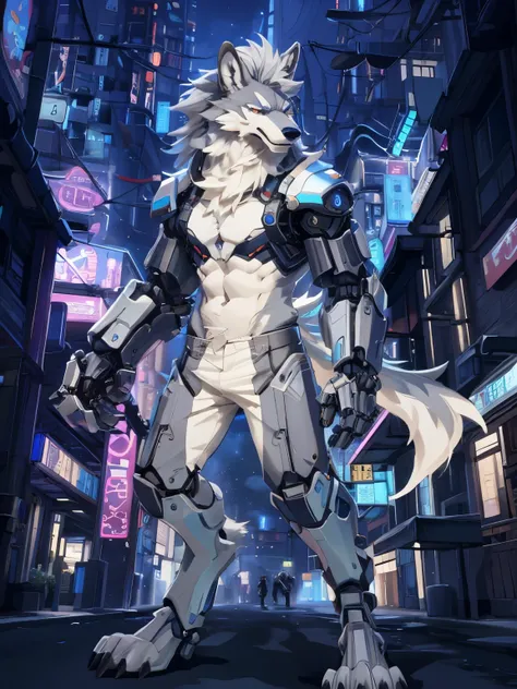 一只站在城市街道上的机器werewolf的特写镜头, werewolf，white and grey hair，mechanical arm，paw，unique，aldult，anthro，realistic，gray pants