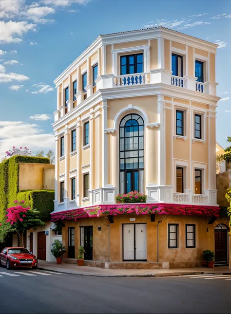 1 nsantorini style house, The town house is made from white walls, beautyful light, beautyfulday, sunny, Many red bougainvilleas along the road:1.3, lovely youthful feeling :1.2, sunlight at 12 noon, Very beautiful shadows