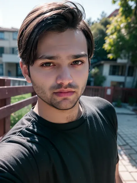 A beautiful young bearded man with highly detailed skin looking at the camera,8k,high res, soft light,no contrast,ultra realistic, photorealism.((real life photo,realistic:1.9, short beard:1)), HDR, emotions joy