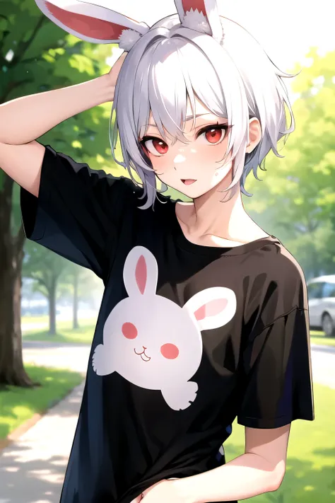 kawaii boy with red eyes and white hair wearing a t-shirt and bunny ears 
