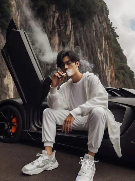 araffe sitting on the hood of a sports car smoking a cigarette, cai xukun, with cigar, in style of kar wai wong, flaunting his wealth, high quality portrait, inspired by Cao Buxing, highly aesthetic, lamborghini aventador photoshoot, vaporware aesthetic, r...