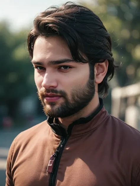 A beautiful young bearded man with highly detailed skin looking at the camera,8k,high res, soft light,no contrast,ultra realistic, photorealism.((real life photo,realistic:1.9, short beard:1)), HDR, emotions smiling