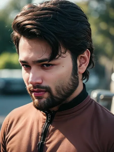 A beautiful young bearded man with highly detailed skin looking at the camera,8k,high res, soft light,no contrast,ultra realistic, photorealism.((real life photo,realistic:1.9, short beard:1)), HDR, emotions smiling