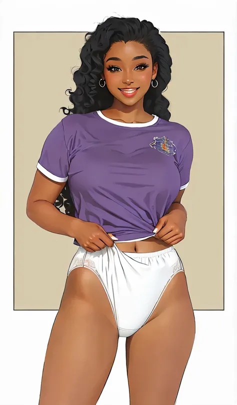 ((masterpiece, best quality)), ((24 year old)), (((Curvy))), ((Blacl woman with long black curly hair)), pulling up ((white cotton panties)) purple shirt, smiling, (((realistic art style)))