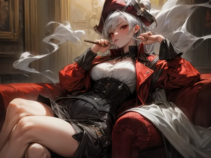 smoking girl, pirate girl, she smokes a cigar, shes old, silver hair, large breast, normal hips, shes in a bar, red eye, shes wearing a hat, shes wearing a long jacket, shes wearing a corset, sitting on a chair, shes wearing a short, she shots with her gun...