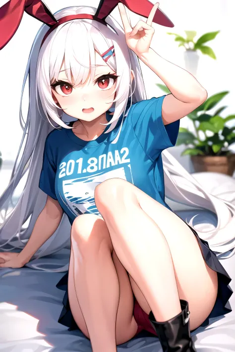 kawaii with red eyes and white hair wearing a t-shirt and bunny ears 
cute 