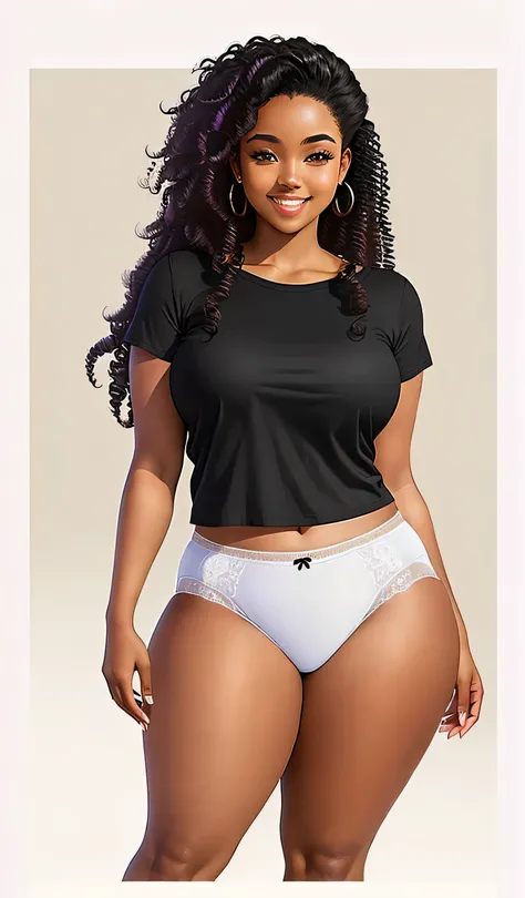 ((masterpiece, best quality)), ((24 year old)), (((Curvy))), ((Black woman with long black curly hair)), pulling up ((white cotton panties)) purple shirt, smiling, (((realistic art style)))