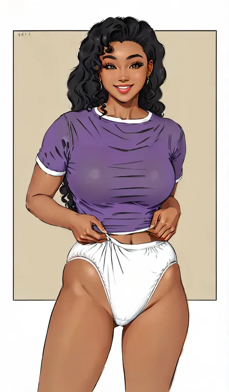 ((masterpiece, best quality)), ((24 year old)), (((Curvy))), ((Black woman with long black curly hair)), pulling up ((white cotton panties)) purple shirt, smiling, (((realistic art style)))