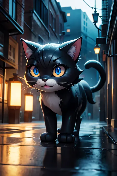 big-eyed cat, looking at the camera, close-up, wide smile, cartoon scene, cartoon aesthetics, wet floor with reflections, dark alley with streetlight light, blue cinematographic lighting, ultra-detailed complex scene, masterpiece, highest quality, 8k, HDR,...