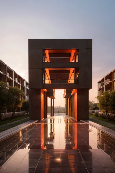  house is made of red steel, architecture, weather-resistant steel, futuristic, in every look at the building there is a fiery dawn, in the redness of its steel there are traces of rain. The beauty of her soul is in the plastic of fire, The light is reflec...