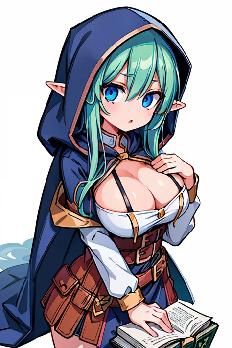 (elf girl long hair:1.2), (solo:1.2), (pixiv masterpiece:1.2), (hooded:1.2), (large breasts:1.2), (white background:1.1), (hands down:1.3), (multiple belts:1.0), (book strapped to belt:1.2), (cleavage)