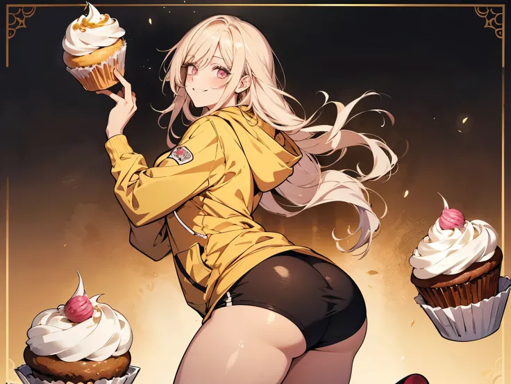 1 female, teacher, wearing light yellow hoodie, bootyshorts, Thicc, light yellow hair, long hair, pink eyes, face to detail, detailed eyes, the background is a pizzaria, holding a cupcake smiling