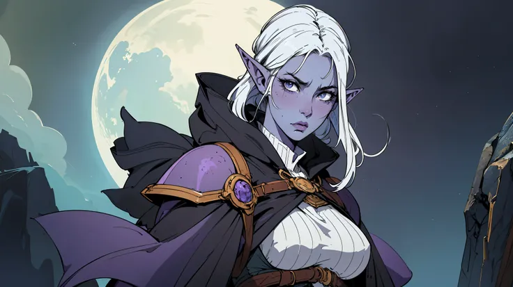 elf ears,masterpiece:1.2, best quality, ultra detailed, absurdres,, mature woman, (blue_skin), archer, messy white_hair, shoulder length, 1girl, female_focused,, older, serious, confident, under purple_robes over gear, bowman gear, in the style of Kentaro ...