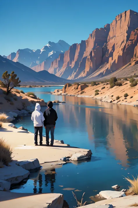 Nevada lake, desert. The brothers are by the lake on the river, we see their backs. One has a fancy white shirt, the other one wears a dark blue hoodie.