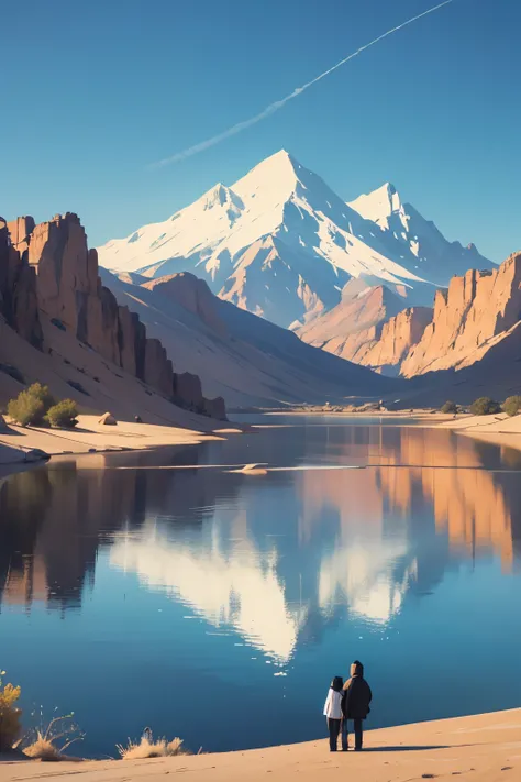 Nevada lake, desert. The brothers are by the lake on the river, we see their backs. One has a fancy white shirt, the other one wears a dark blue hoodie.