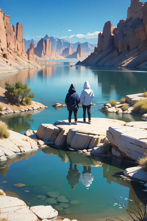 Nevada lake, desert. The brothers are by the lake on the river, we see their backs. One has a fancy white shirt, the other one wears a dark blue hoodie.