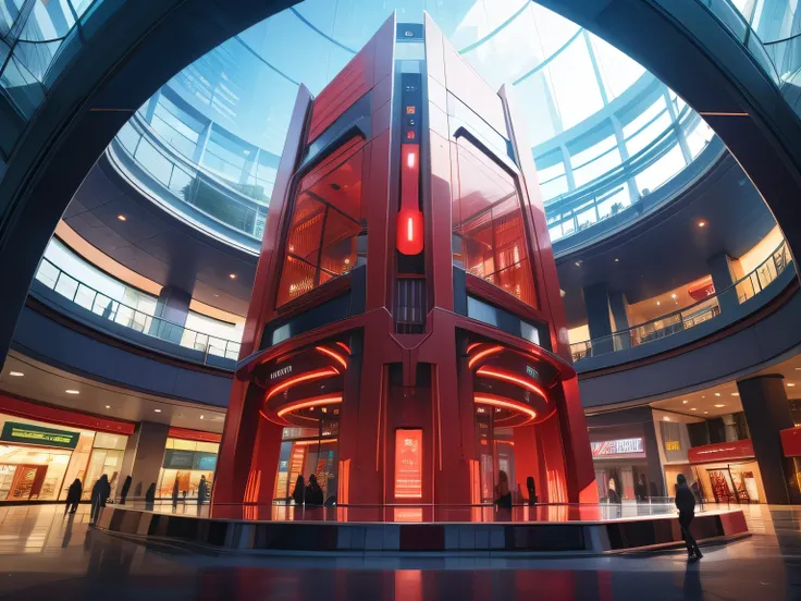 futuristic structure made of red steel in the center of a shopping center