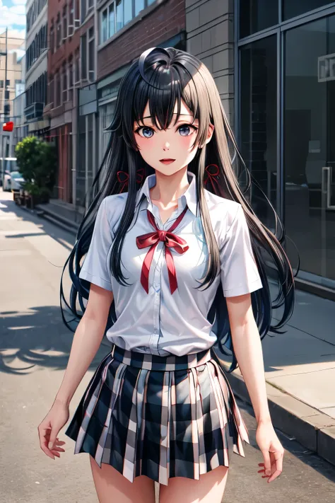 masterpiece, best quality, highres, aayukino, long hair, ahoge, hair ribbon, collarbone, neck ribbon, white shirt, short sleeves, plaid skirt, ahegao, naked, standing, cowboy shot, street,