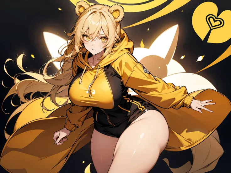 1female, teacher, wearing a yellow hoodie, bootyshorts, yellow bear ears, Thicc, big breast, yellow hair, long hair, glowing white eyes, face to detail, detailed eyes, the background is a pizzaria,