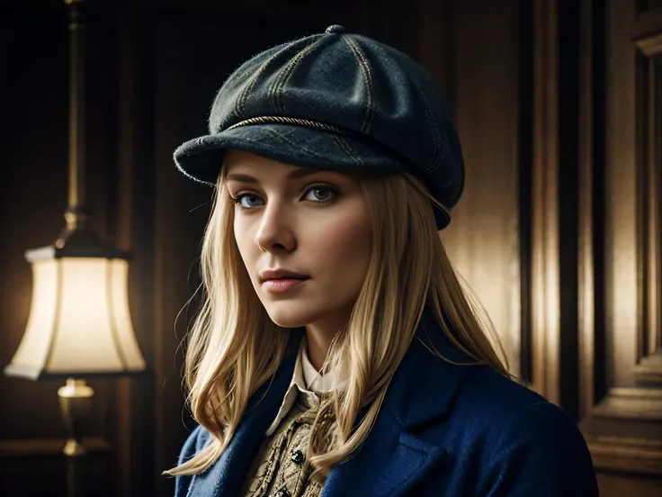 blond woman with blue eyes, wears a deerstalker cap, dressed like Sherlock Holmes, hyperrealistic , 28 years old, masterpiece, wear a oldstyle victorian dress, oldstyle, indoor, Moody light, old London City pub, foggy Atmosphere, 