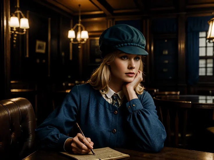 blond woman with blue eyes, wears a deerstalker cap, dressed like Sherlock Holmes, hyperrealistic , 28 years old, masterpiece, wear a oldstyle victorian dress, oldstyle, indoor, Moody light, old London City pub, guests, foggy Atmosphere, 