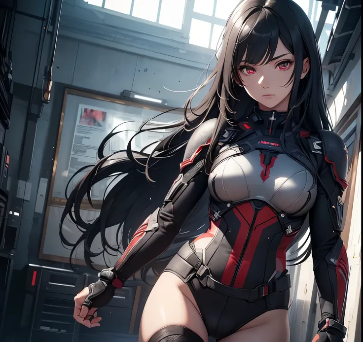 realistic, Beautiful detailed girl, combat suit, clear and beautiful, Personage as the main perspective, shiny_skin, girl,woman,female, young,19 years old, (long hair), bangs, black hair, (beautiful detailed Glass hair), long hair,beautiful detailed cold f...