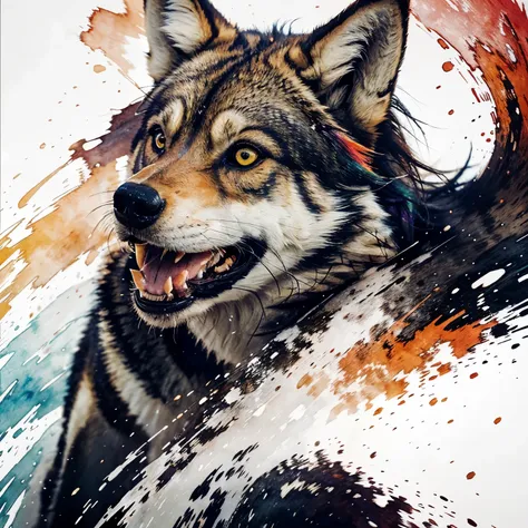 A wild wolf in full roar, charging forward with a fierce expression. The image is captured in a dynamic watercolor style, showcasing vibrant colors and fluid brushstrokes. Splashes and splatters around the wolf suggest its swift movement and wild energy. T...