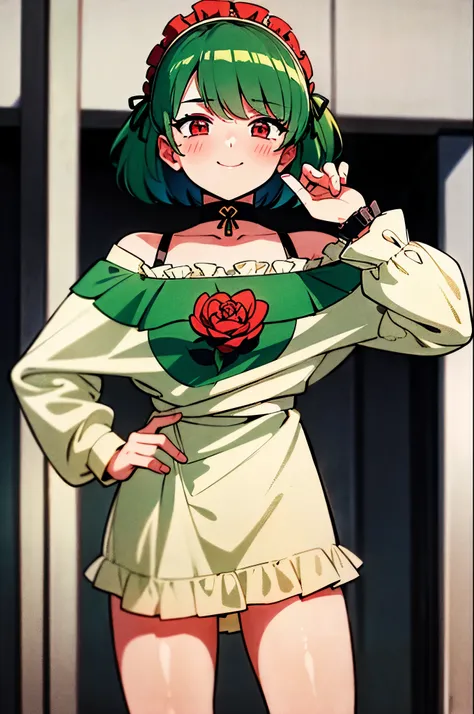 ((best quality)), ((masterpiece)), ((detailed)), perfect face, (1girl), solo, hair_over_one_eye, green_hair, frilled_hairband, frills, smile, closed_mouth, choker, red_eyes, short_hair, cute, blushing, sly, (small_breasts), various clothes, cute clothes