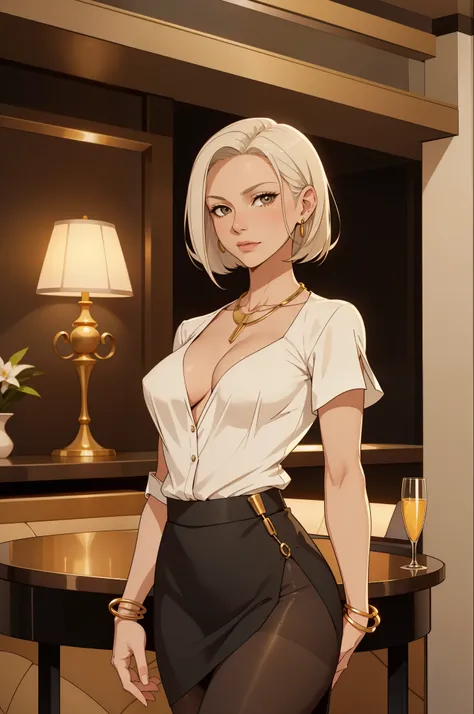 cute date night, mature woman, 40 years old, platinum blonde hair, black skirt, silk blouse, plunging neckline, small breasts,  gold necklace, gold bangle, short hair, in a modern hotel lobby, stockings, solo, one woman, cute date night outfit, cute fit, 