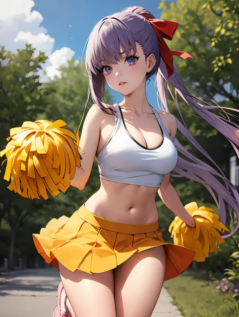 bbdef, hair ribbon,
BREAK (cheerleader, crop top, holding pom poms, midriff, navel, orange skirt, pink footwear, pom pom (cheerleading),ponytail:1.2)
BREAK Girl in the flower garden, Surrounded by blooming cherry blossoms,
BREAK beachside, 
BREAK ((anime g...