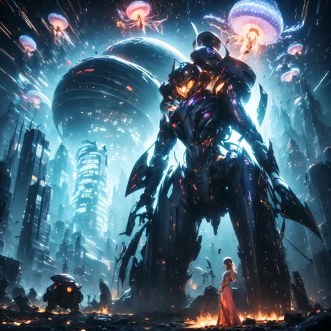 (highest quality、4k、8k、High resolution、master piece: 1.2)、Super detailed、(real、photorealistic、photorealistic: 1.37)、Destruction of a Great City、(A telekinetic woman stands in front of a giant jellyfish robot controlled by an invader.:1.37) 、(Women are youn...