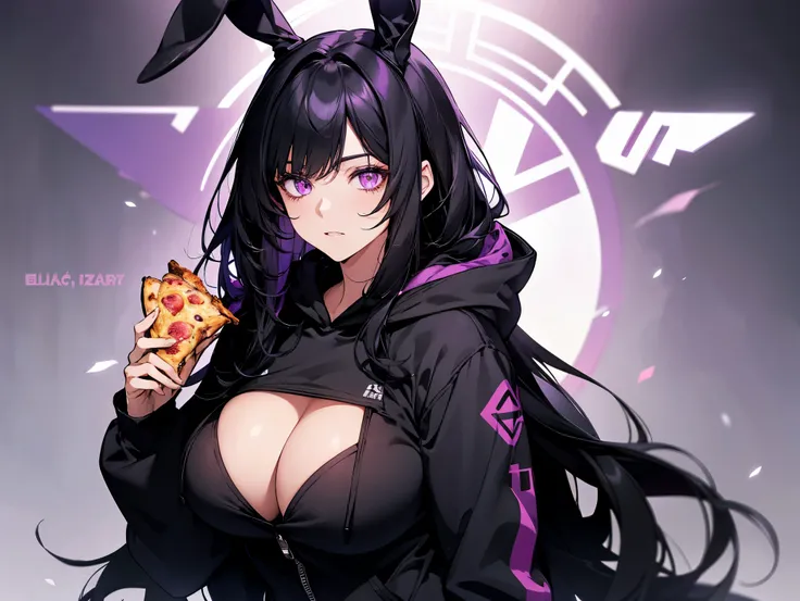 1female, teacher, wearing a black hoodie, bootyshorts, black bunny ears, Thicc, big breast, black hair, long hair, glowing purple eyes, face to detail, detailed eyes, the background is a pizzaria,