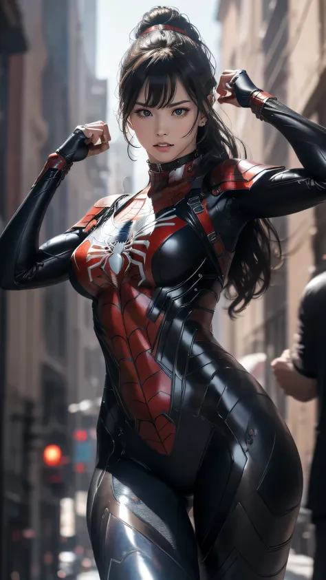 spiderman mecha armor,(random pose:1.2),(random hairstyle),(large breasts),(highest image quality, (8k), ultra-realistic, best q...