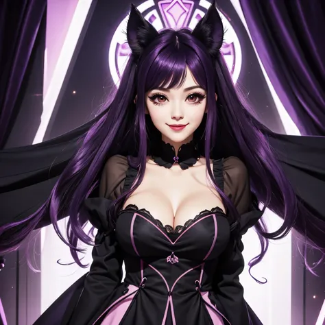 Long purple hair down and a back Kuromi dress and has a kuromi ears black eyeliner dark pink lips and a cute smile 