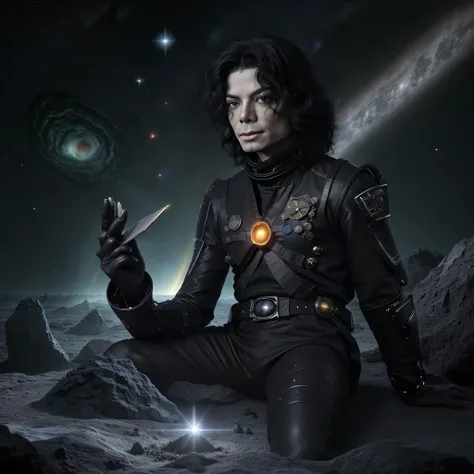 Desenhe o Michael Jackson, sitting on a research platform floating in the middle of an asteroid belt. He is studying with a notebook, surrounded by several asteroids glowing with fiery auras. Dramatic lighting from distant stars and planets illuminates the...