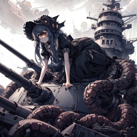 a girl crawling on top of a battleship. cyclops girl. a turret baring her fangs. gothic dress. abyssal fleet. tentacles wrapped ...