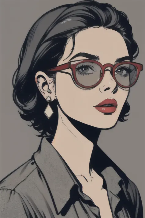 pop art,1girl,solo,reading glasses, shirt,jewelry,closed mouth,upper body,earrings,lips,looking at viewer,red lips,
(((simple gr...