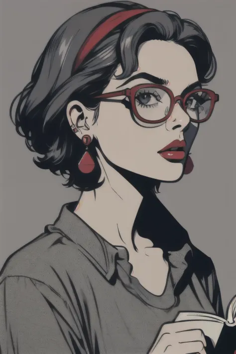 pop art,1girl,solo,reading glasses, shirt,jewelry,closed mouth,upper body,earrings,lips,looking at viewer,red lips,
(((simple gr...