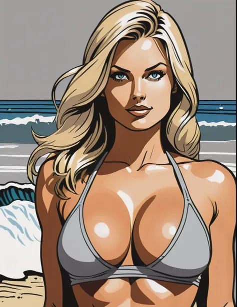 ((pen and ink drawing:1.4)),newspaper comic strip style:1.1) Flat colors, close up, portrait of a blonde surfer girl,  natural beaty, beautiful, bikini top,  casual, large fake breasts, clevage,
((([simply grey background])))