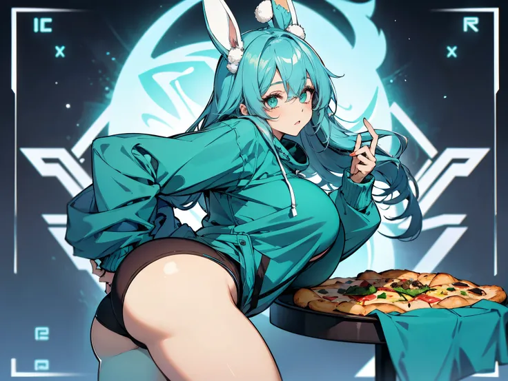 1female, teacher, wearing a cyan hoodie, bootyshorts, cyan bunny ears, Thicc, big breast, cyan hair, long hair, green eyes, face to detail, detailed eyes, the background is a pizzaria,